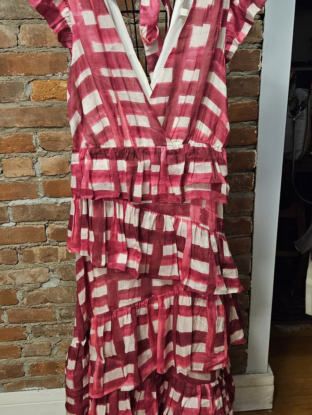 Marie Oliver  Burgundy & White Tiered Ruffle Dress